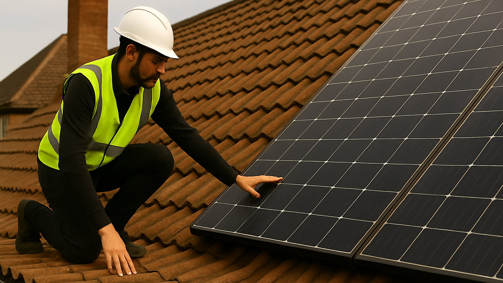 Installer checking solar panels on a residential roof to assess home suitability for solar power