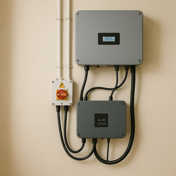 Inverter and battery controller showing typical wiring complexity