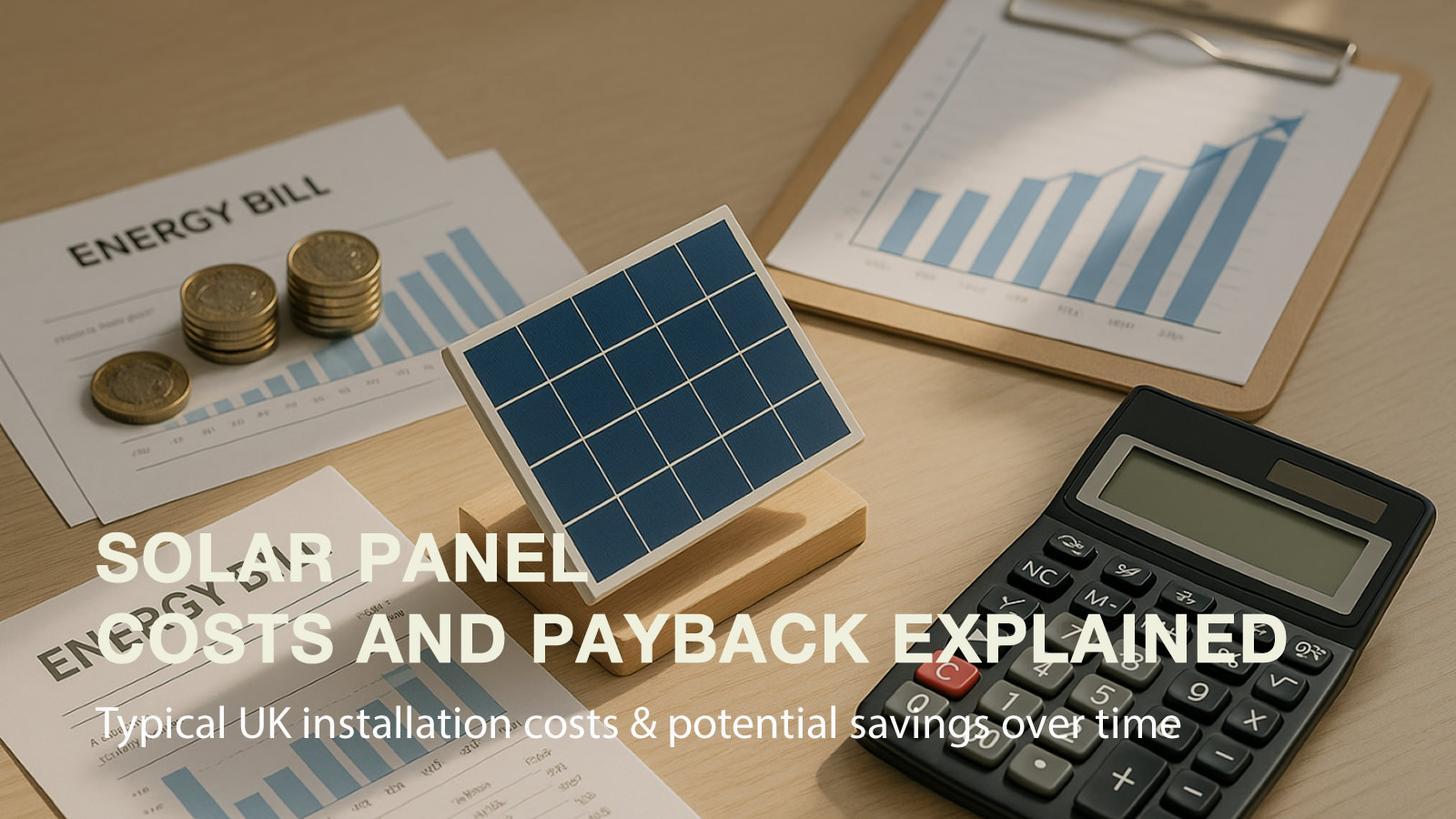 Solar panel model with energy bills and calculator illustrating solar costs and payback analysis