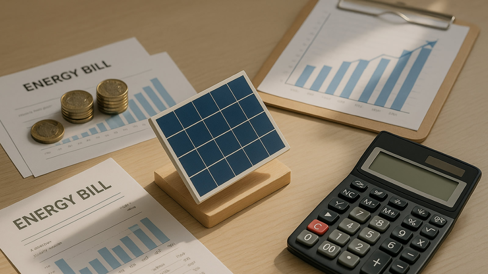 Solar panel model with energy bills and calculator illustrating solar costs and payback analysis
